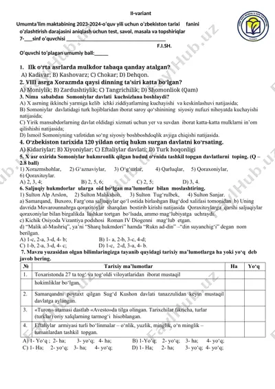 umumta’lim maktabining 2023-2024-o‘quv yili uchun o’zbekiston tarixi fanini o‘zlashtirish darajasini aniqlash uchun test, savol, masala va topshiriqlar — DOC