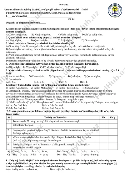 umumta’lim maktabining 2023-2024-o‘quv yili uchun o’zbekiston tarixi fanini o‘zlashtirish darajasini aniqlash uchun test, savol, masala va topshiriqlar — DOC