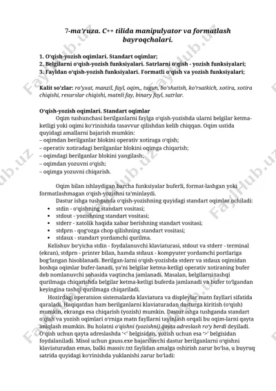 c++ tilida manipulyator va formatlash bayroqchalari — DOC