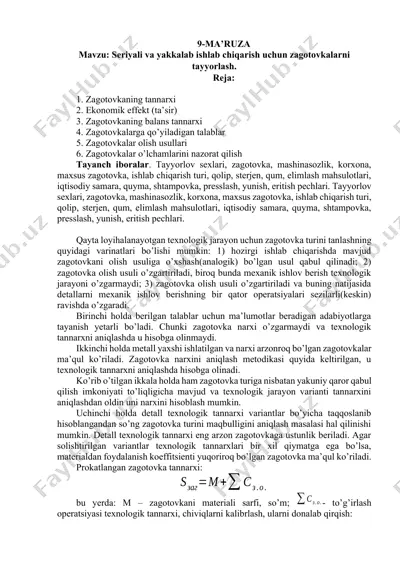 seriyali va yakkalab ishlab chiqarish uchun zagotovkalarni tayyorlash — DOCX
