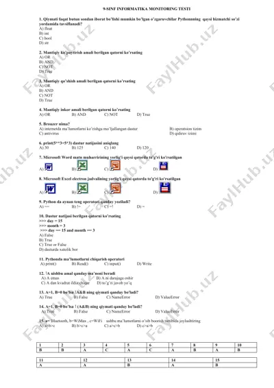 9-sinf informatika monitoring testi — DOCX
