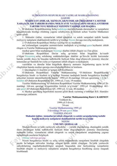 mahsulot (ishlar, xizmatlar)ni ishlab chiqarish va sotish xarajatlari tarkibi hamda moliyaviy natijalarni shakllantirish tartibi to‘g‘risidagi nizom — DOCX