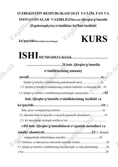 qirqbo'g'imtoifa (equisetophyta) o'simliklar bo'limi tuzilishi ko'payishi — DOCX