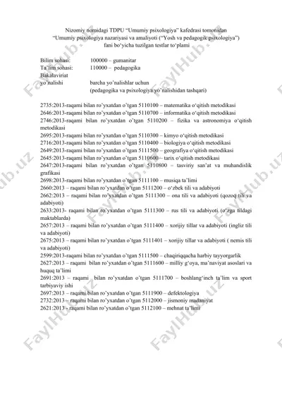 testlar to‘plami "yosh va pedagogik psixologiya" faniga — DOCX