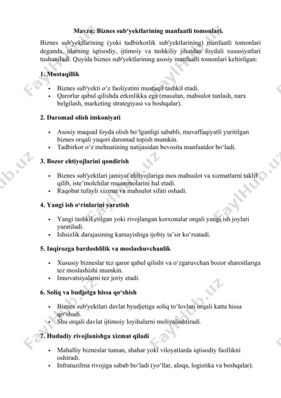 biznes subʻyektlarining manfaatli tomonlari — DOCX