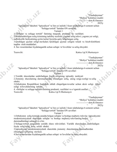 "soliqlar va soliqqa tortish" fanidan on savollari — DOCX