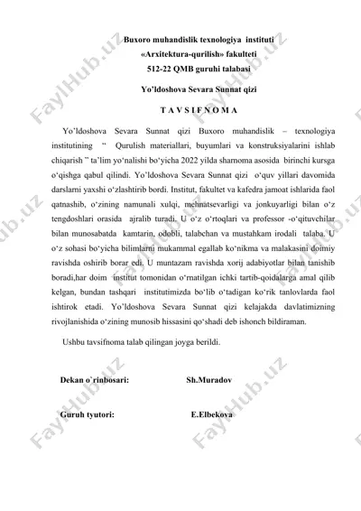 buxoro muhandislik texnologiya instituti "arxitektura-qurilish" fakulteti 512-22 qmb guruhi talabasi yo’ldoshova sevara sunnat qizi — DOCX