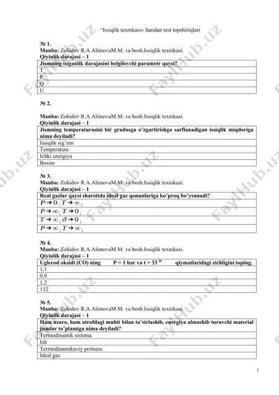 issiqlik texnikasi fanidan test topshiriqlari — DOCX
