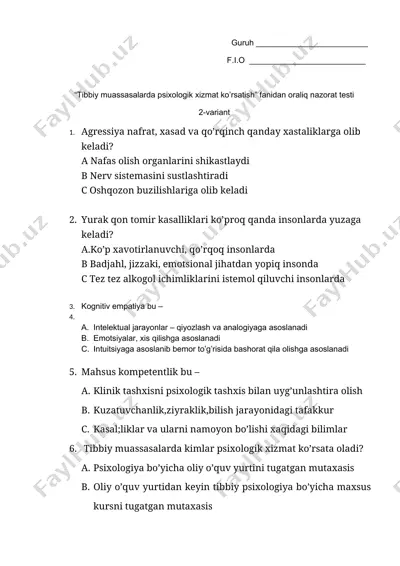 "tibbiy muassasalarda psixologik xizmat ko’rsatish" fanidan oraliq nazorat testi — DOCX