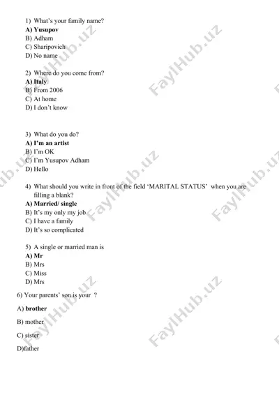 quiz on family and relationships — DOCX