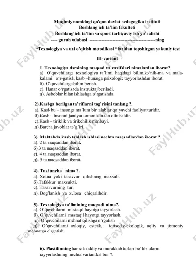 yakuniy test "texnologiya va uni o'qitish metodikasi" fanidan — DOCX