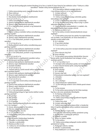 tarbiyaviy ishlar metodikasi fanidan oraliq nazorat baholash testi № 1 — DOCX