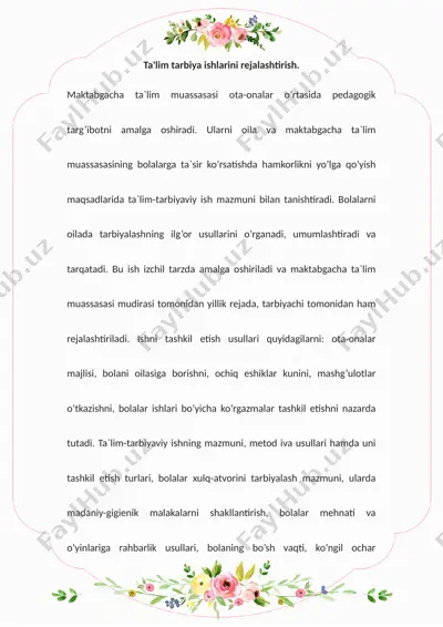 ta'lim tarbiya ishlarini rejalashtirish — DOCX
