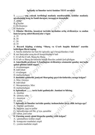 iqtisodiy ta’limotlar tarixi fanidan test savollari — DOCX