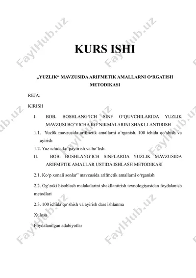 "yuzlik" mavzusida arifmetik amallarni o‘rgatish metodikasi — DOCX
