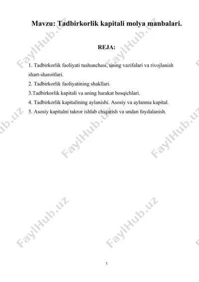 tadbirkorlik kapitali molya manbalari — DOCX