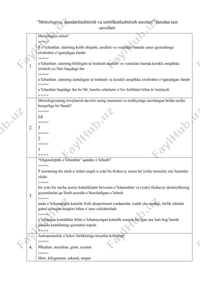 "metrologiya, standartlashtirish va sertifikatlashtirish asoslari" fanidan test savollari — DOC