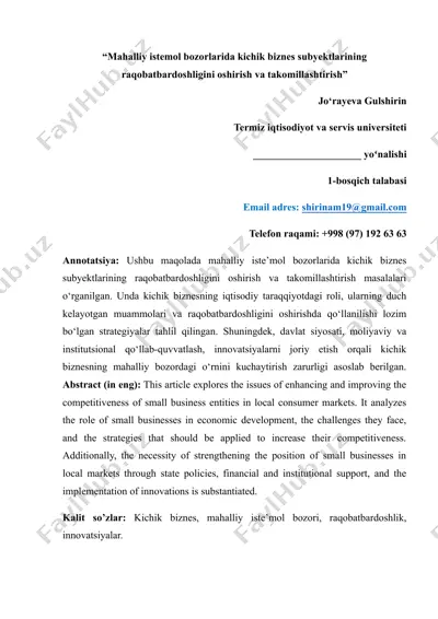 mahalliy istemol bozorlarida kichik biznes subyektlarining raqobatbardoshligini oshirish va takomillashtirish — DOC