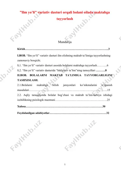 "ilm yo’li" variativ dasturi orqali bolani oilada maktabga tayyorlash — DOC