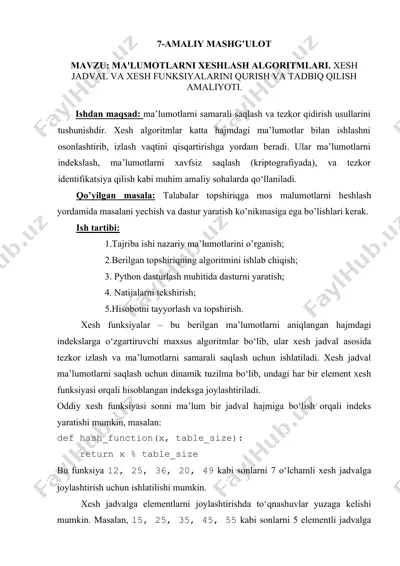 xesh algoritmlar va xesh funksiyalari — DOC