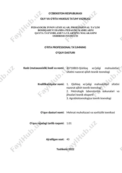 qishloq xo‘jaligi mahsulotlari sifatini nazorat qilish texnik texnologi — DOC