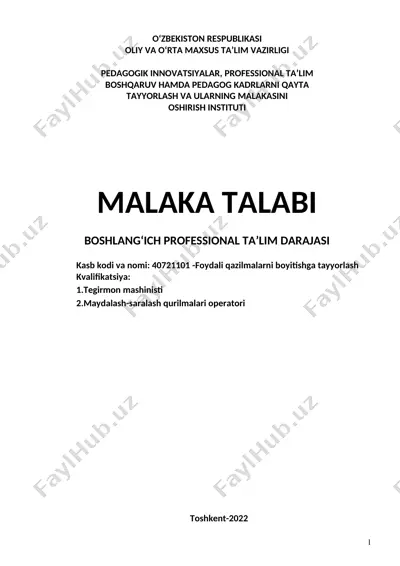 malaka talabi - foydali qazilmalarni boyitishga tayyorlash — DOC