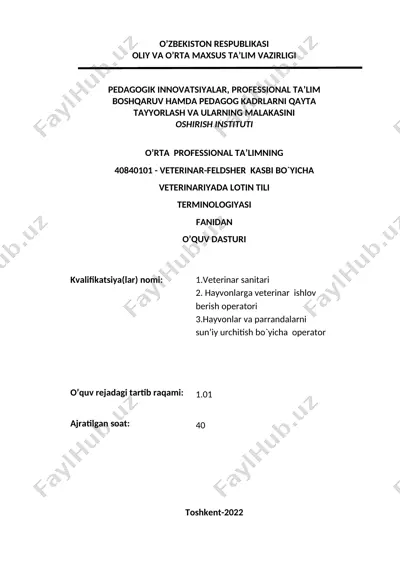 veterinar-feldsher kasbi bo'yicha veterinariyada lotin tili terminologiyasi fanidan o'quv dasturi — DOC
