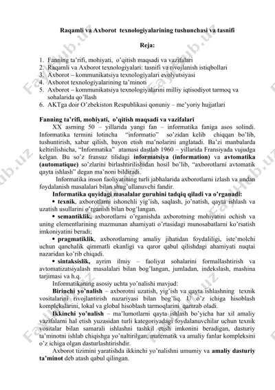 raqamli va axborot texnologiyalarining tushunchasi va tasnifi — DOC