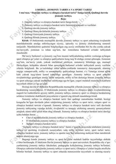 jismoniy tarbiya va olimpiya harakati tarixi — DOC