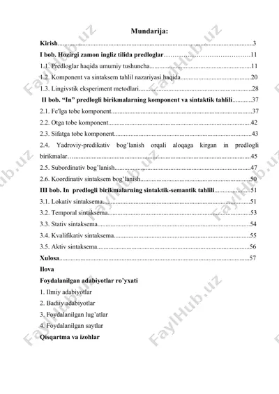 in predlogining birikmalardagi vazifalari, sintaktik-semantik tahlili va turli komponent holatlarini o’rganish. — DOC