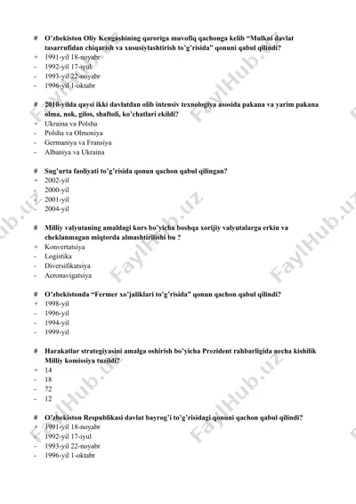 o'zbekiston respublikasi qonunlari haqida test savollar — DOC
