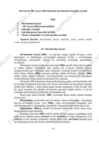 ms access 2010 dasturida ma’lumotlar bazasini yaratish — DOC