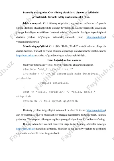 amaliy mashg’ulot. c++ tilining obyektlari, qiymat va toifalarini o’zlashtirish. — DOC