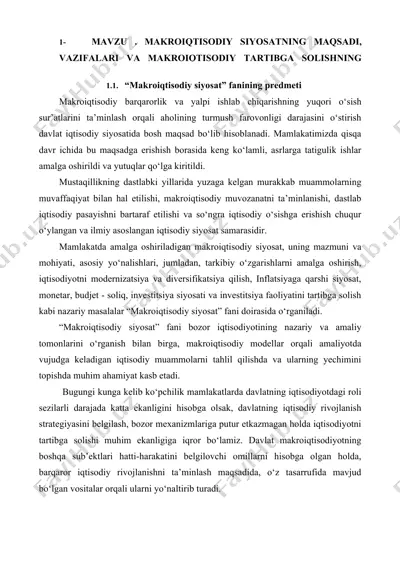 makroiqtisodiy siyosatning maqsadi, vazifalari va makroiqtisodiy tartibga solishning zaruriyati — DOC