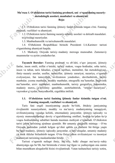 o'zbekiston tarixi fanining ijtimoiy fanlar tizimida tutgan o'rni — DOC