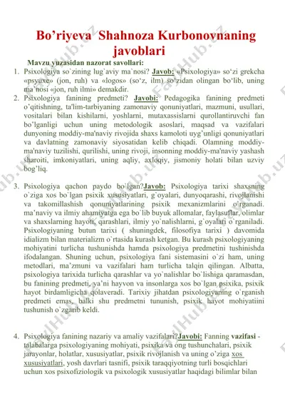 psixologiya fanining muhim mavzulari — DOC