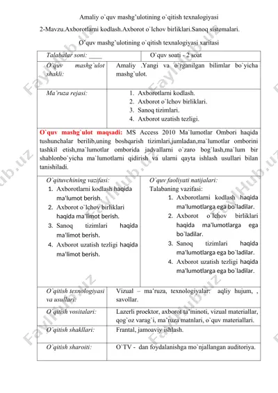 amaliy o`quv mashg’ulotining o`qitish texnalogiyasi — DOC