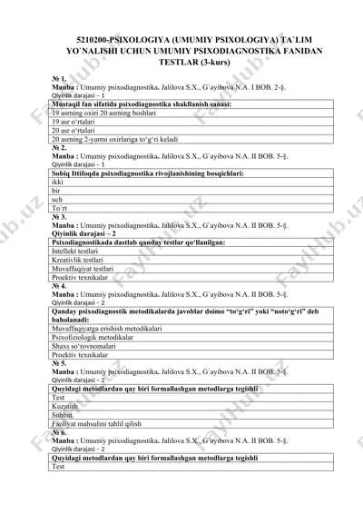 umumiy psixodiagnostika fanidan testlar (3-kurs) — DOC