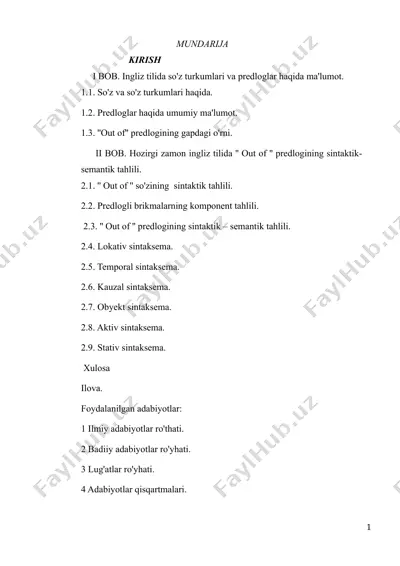 hhozirgi zamon ingliz tilida '' out of '' predlogining sintaktik-semantik tahlili — DOC