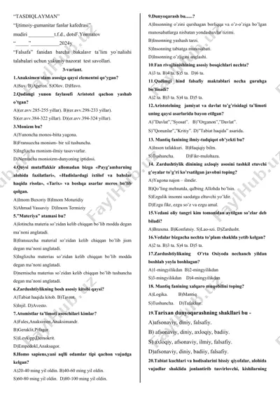 bakalavr ta'lim yo`nalishi yakuniy nazorat test savollari — DOC