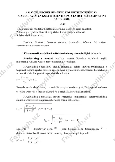 ekonometrik modellar koefftisientlarining ishonchliligini baholash — DOC