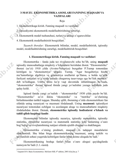 ekonometrika asoslari fanining maqsadi va vazifalari — DOC