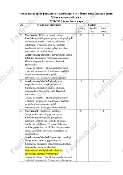 4-kurs pediatriya fakulteti talabalari uchun ichki kasalliklar fanidagi taqviyiy rejа — DOC