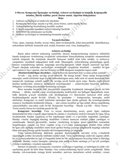 kompyuter tarmoqlar xavfsizligi. axborot xavfsizligini ta’minlash. kriptografik tizimlar. — DOC