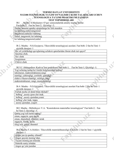 texnologiya ta'limi praktikumi test topshiriqlari — DOC