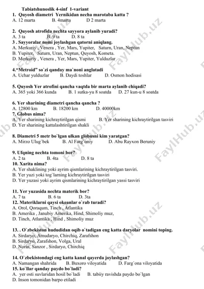 tabiatshunoslik 4-sinf 1-variant — DOC
