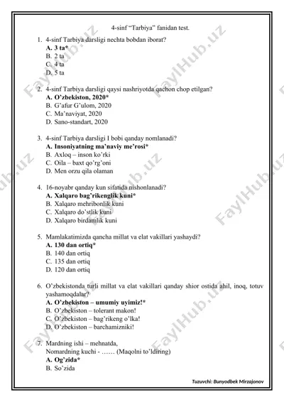 4-sinf "tarbiya" fanidan test — DOC