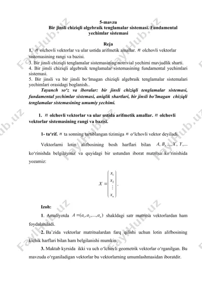 bir jinsli chiziqli algebraik tenglamalar sistemasining fundamental yechimlari sistemasi — DOC