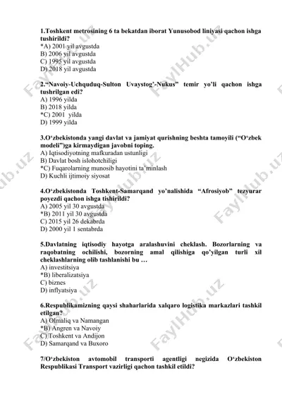 toshkent metro liniyalari haqidagi savollar — DOC