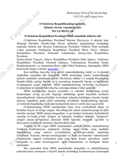o‘zbekiston respublikasi prezidenti mdh sammitida ishtirok etdi — DOC
